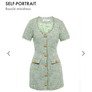 Self Portrait Green Boucle Dress with Gold Buttons